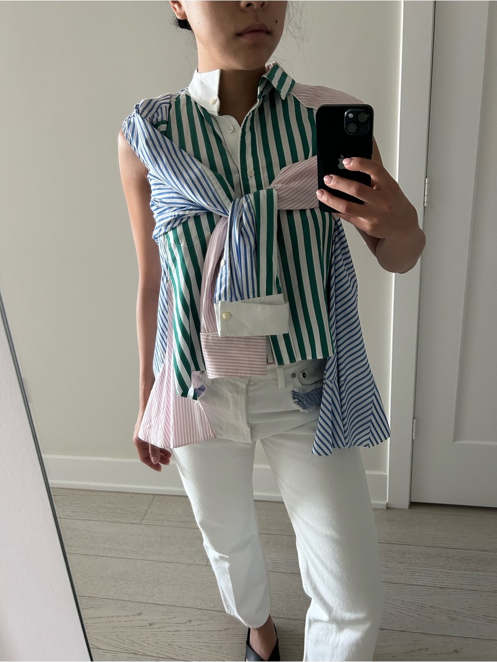 Sacai SS2018 Archive Cutout Patchwork Striped Cotton Poplin Shirt Size 2